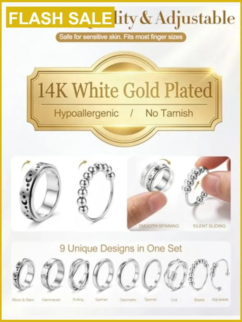 9 Pack Fidget Rings Set Anxiety Relief Stress Rings Stackable Adjustable